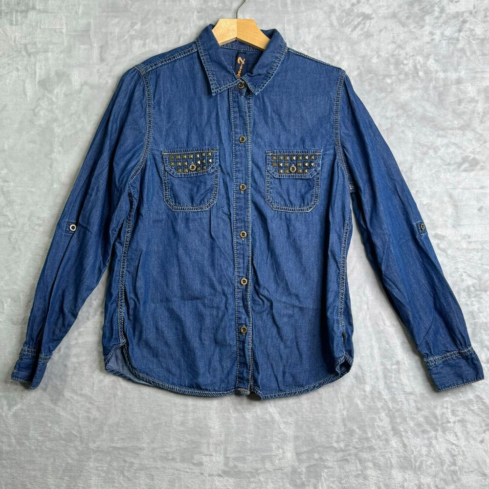 Seven7 Chambray Shirt Girls Large Dark Wash Studded Pockets Long Sleeve